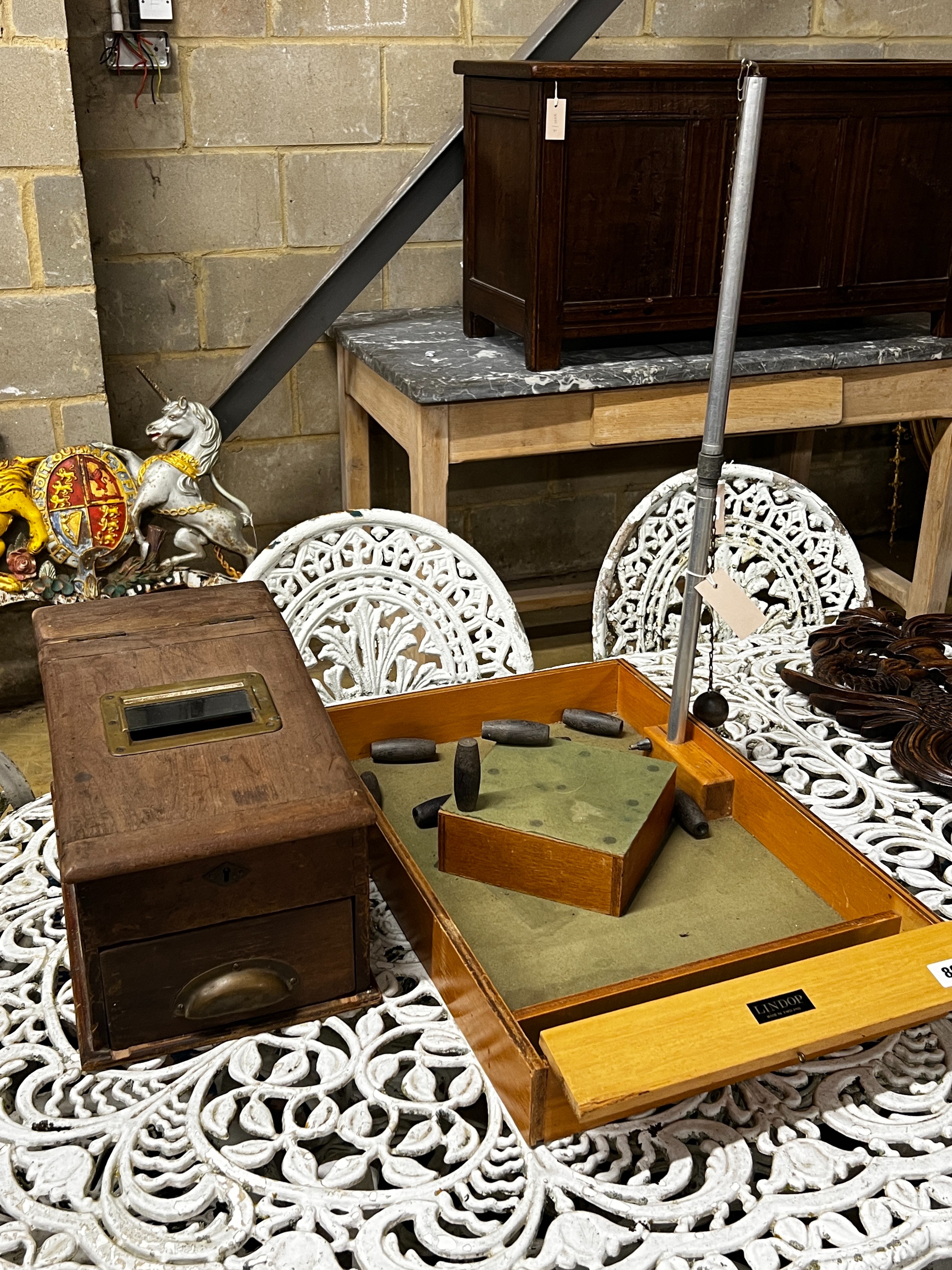 A vintage Lindop table skittles game and a Victorian mahogany till